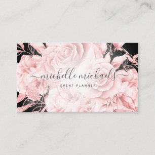 Tarjeta De Visita Rosa floral oro negro guión moderno