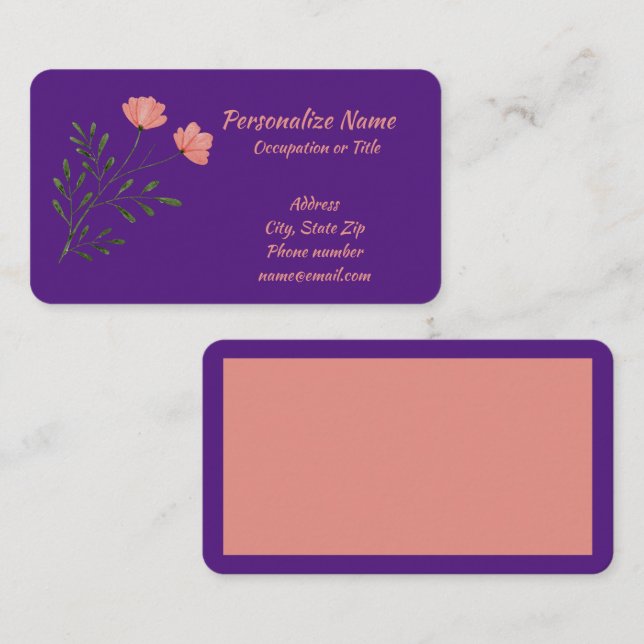 Tarjeta De Visita Rosa Floral Rosa Verde Stem Purple Trendy (Anverso / Reverso)