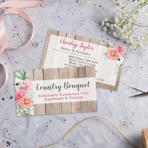 Tarjeta De Visita Rosa floral rústico de granja de madera elegante