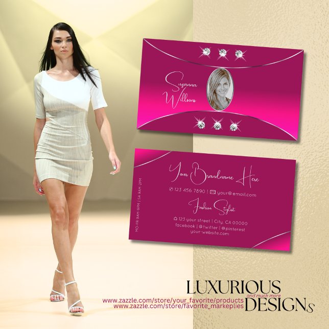 Tarjeta De Visita Rosa Girly con diamantes de decoración plateada y  (Subido por el creador)