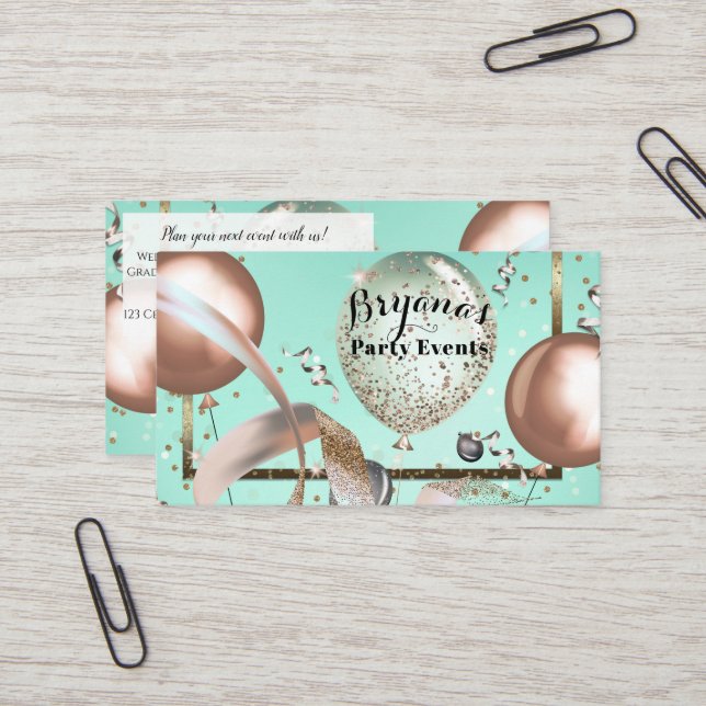 Tarjeta De Visita Rosa Globos Mint Turquoise Fiesta Planner (Anverso/Reverso In Situ)