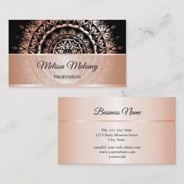 Tarjeta De Visita Rosa Gold Black Floral Damask Mandala (Anverso / Reverso)