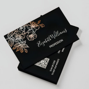 Tarjeta De Visita Rosa Gold Black Line Art Floral   Código QR