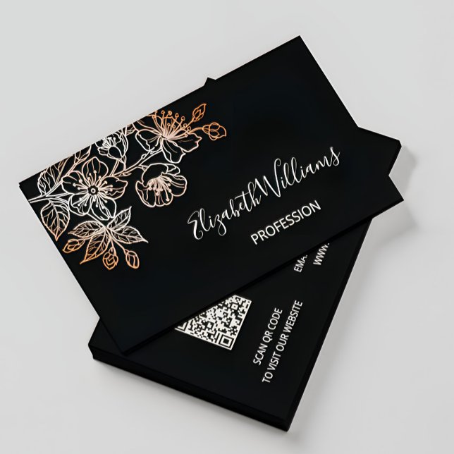Tarjeta De Visita Rosa Gold Black Line Art Floral | Código QR (Subido por el creador)