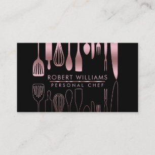 Tarjeta De Visita Rosa Gold Chef Cocina Herramientas Purpurina Faux 