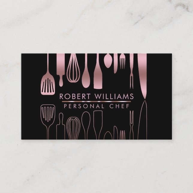 Tarjeta De Visita Rosa Gold Chef Cocina Herramientas Purpurina Faux  (Anverso)