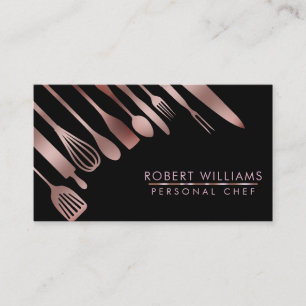 Tarjeta De Visita Rosa Gold Chef Kitchen Tools Purpurina Faux Cateri