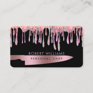 Tarjeta De Visita Rosa Gold Drip Chef Kitchen Tools Knife Purpurina