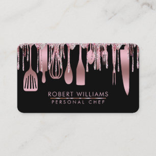 Tarjeta De Visita Rosa Gold Drip Chef Kitchen Tools Purpurina Faux