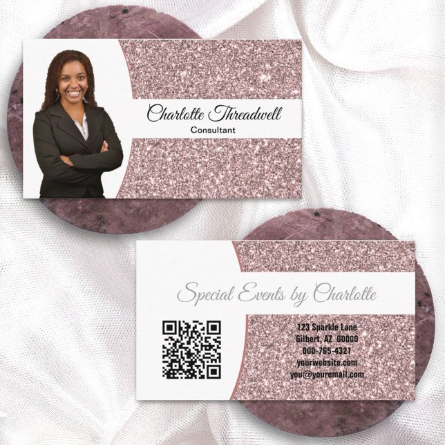 Tarjeta De Visita Rosa Gold Faux Purpurina Professional Photo QR Cod (This chic double sided design offers room for a photo, QR code and other business details. )
