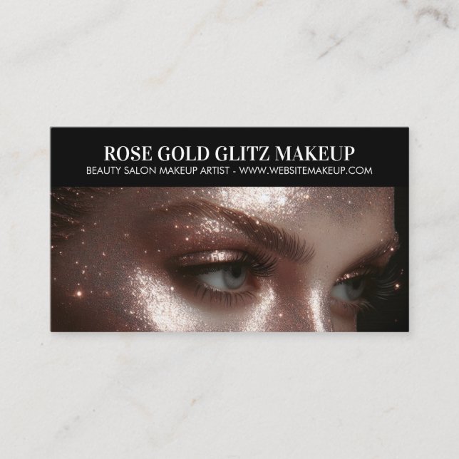 Tarjeta De Visita Rosa Gold Glitz Makeup Artist Photo Elegant Luxury (Anverso)