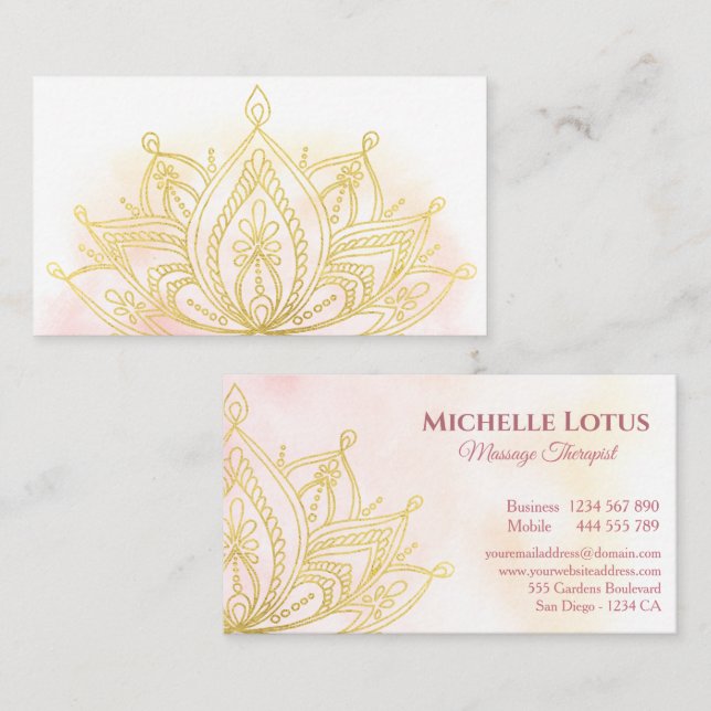 Tarjeta De Visita Rosa Gold Lotus Flower Elegant (Anverso / Reverso)
