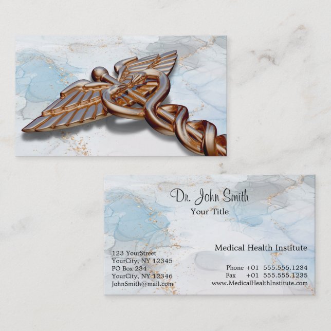 Tarjeta De Visita Rosa Gold Medical Caduceus Copper Luxury Marble (Anverso / Reverso)