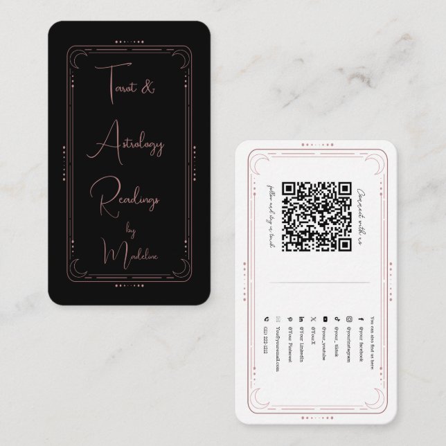 Tarjeta De Visita Rosa Gold Mystical Tarot Reader Redes sociales QR (Anverso / Reverso)