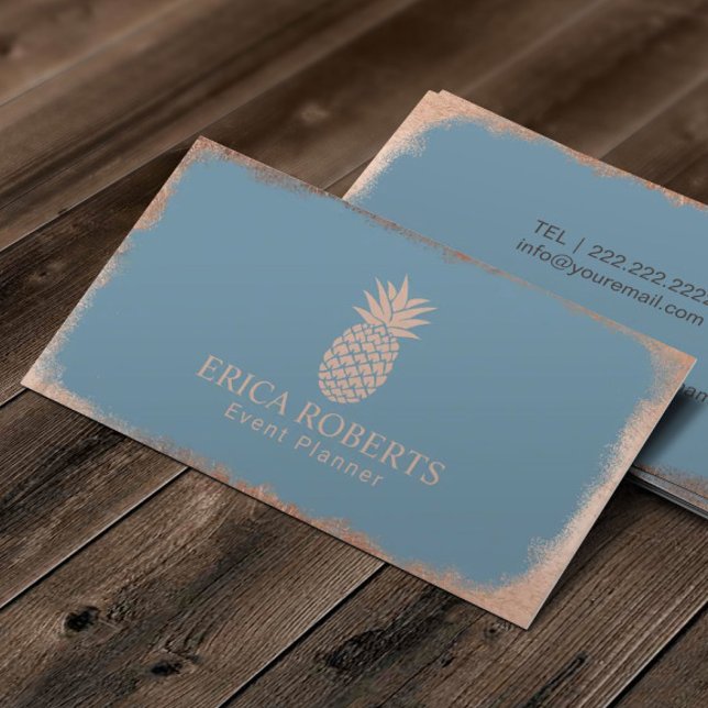 Tarjeta De Visita Rosa Gold Pineapple Dusty Blue Event Planning (Subido por el creador)