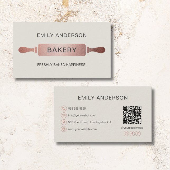 Tarjeta De Visita Rosa Gold Rolling Pin Bakery QR Code (Rose Gold Rolling Pin Bakery QR Code Business Card)