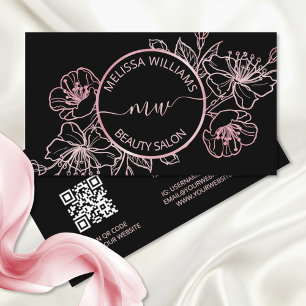 Tarjeta De Visita Rosa Gold Rubor Color negro rosa Floral   Código Q