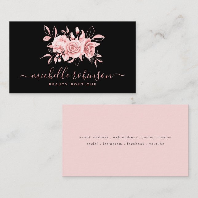 Tarjeta De Visita Rosa Gold Rubor Feminine Floral Script Black  (Anverso / Reverso)