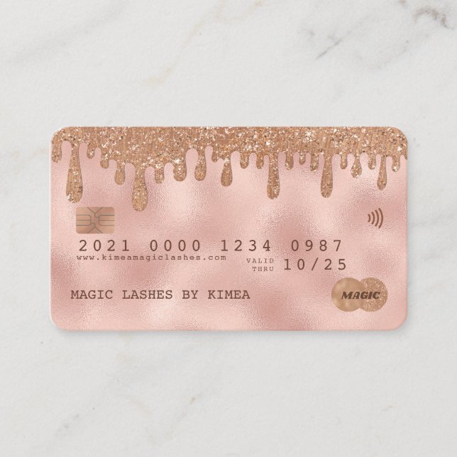 Tarjeta De Visita Rosa Gold y Copper Purpurina Estilo Crédito de Luj (Anverso)