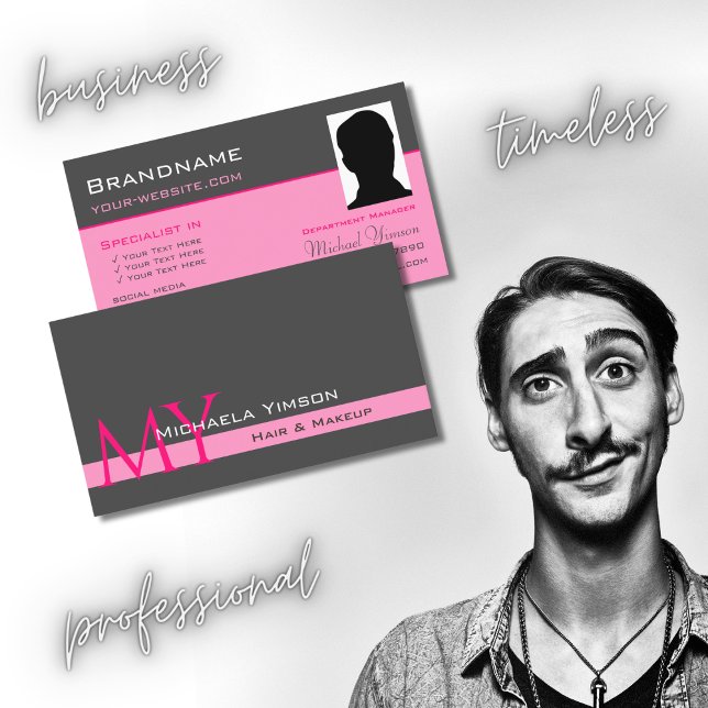 Tarjeta De Visita Rosa gris oscuro con monograma y Moda fotográfica (Subido por el creador)