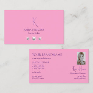 Tarjeta De Visita Rosa liviano con foto de monograma y joyas