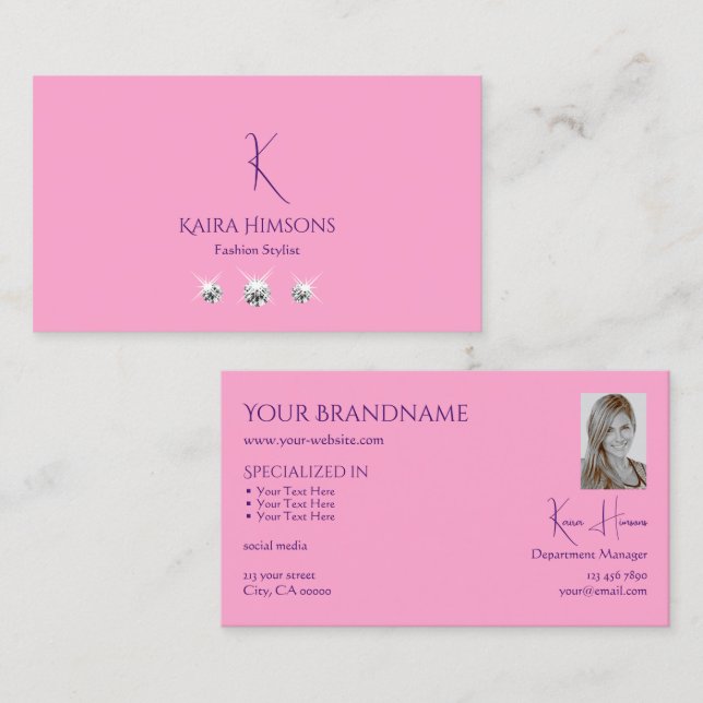 Tarjeta De Visita Rosa liviano con foto de monograma y joyas (Anverso / Reverso)