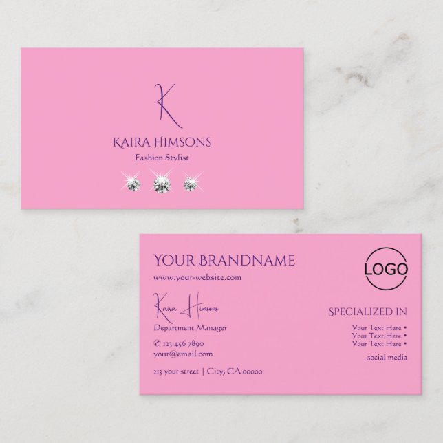 Tarjeta De Visita Rosa liviano con logotipo monograma y joyas (Anverso / Reverso)