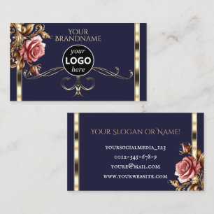 Tarjeta De Visita Rosa lujoso dorado de color azul oscuro con logoti