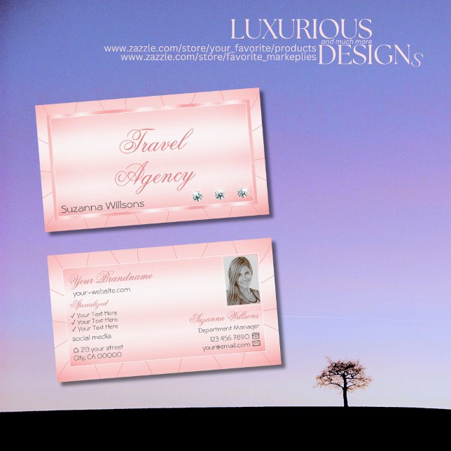 Tarjeta De Visita Rosa luminoso con diamantes y foto glamorosa (Subido por el creador)