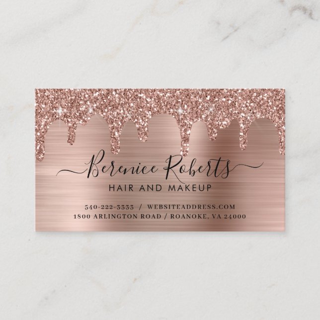 Tarjeta De Visita Rosa Luxe Gold Purpurina Drips Lavado Metalizado (Anverso)