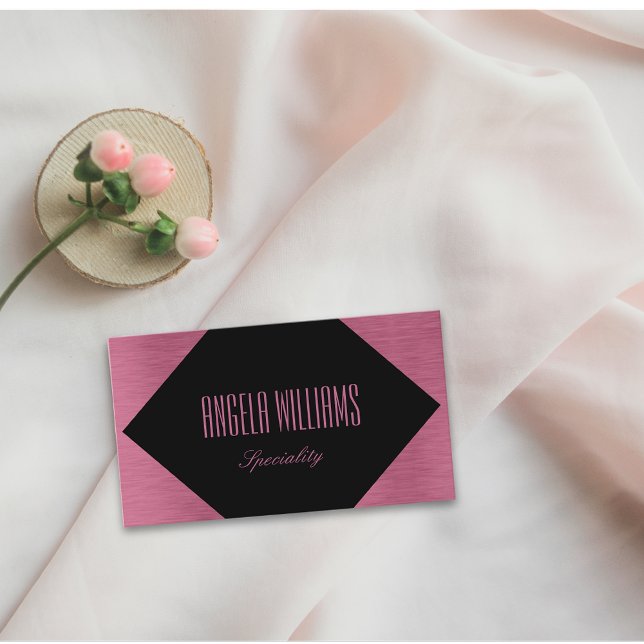 Tarjeta De Visita rosa metálico de moda oro y negro (Girly design for business card : metallic rose gold and black geometric shape)