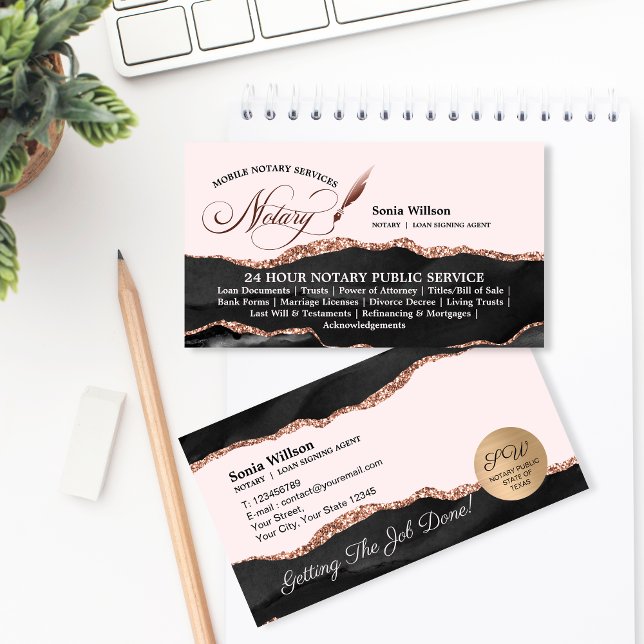 Tarjeta de visita rosa metálico para notario (Elegant and professional Notary logo design with blush pink and rose gold details)