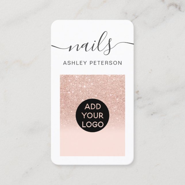 Tarjeta De Visita rosa moderno purpurina dorado guión negro de uñas  (Anverso)