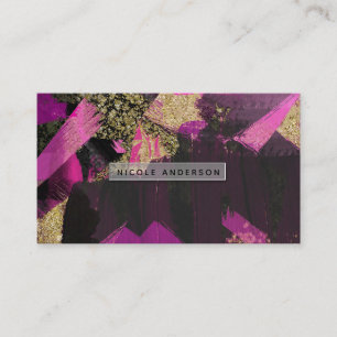 Tarjeta De Visita Rosa Negro Oro Brillo Moderno Pincel Glam Grunge