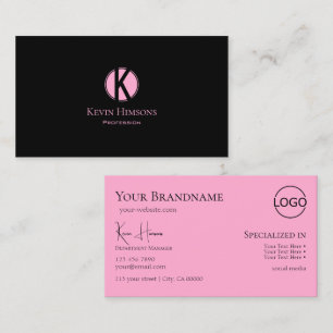 Tarjeta De Visita Rosa negro sencillo moderno con monograma y logoti