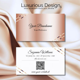 Tarjeta De Visita Rosa Oro con Líneas Brillantes y Código QR Elegant