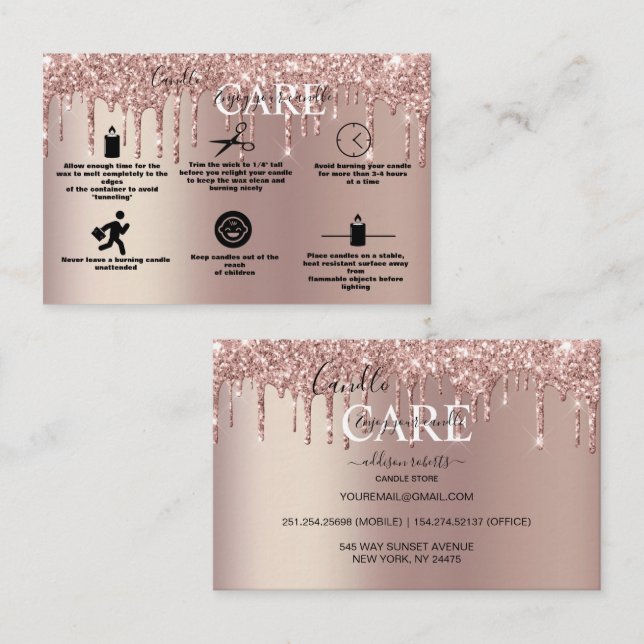 Tarjeta De Visita Rosa Oro Drin Purpurina Candle Care (Anverso / Reverso)