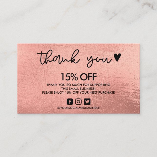 Tarjeta De Visita Rosa Oro Gracias Corazón (Anverso)
