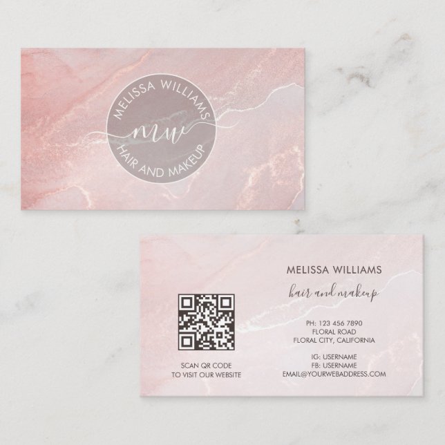 Tarjeta De Visita Rosa Oro  Mármol de Tinta | Código QR (Anverso / Reverso)