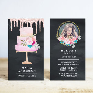 Tarjeta De Visita Rosa Oro Perfora Floral Pastelería Chef Panadería