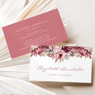 Tarjeta De Visita Rosa Polvoriento Floral Acuarela Borgoña