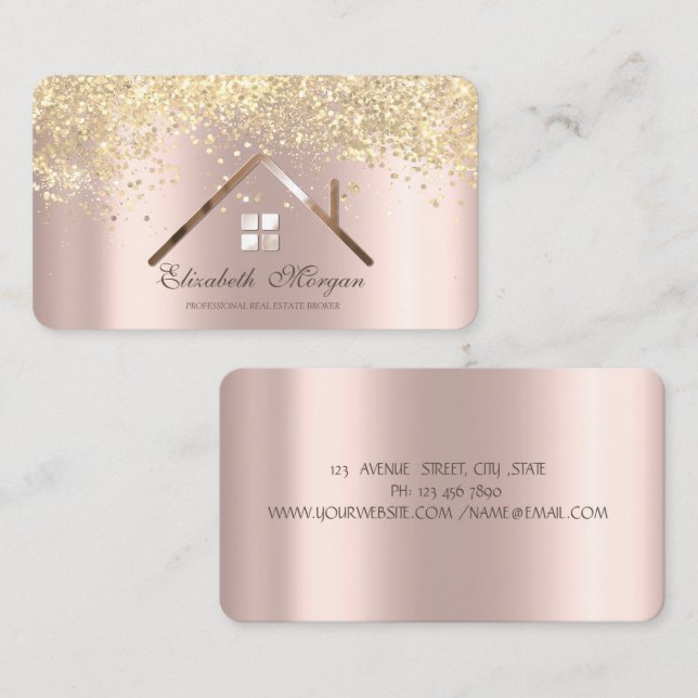 Tarjeta De Visita Rosa Profesional Gold Sequins Inmobiliaria (Anverso / Reverso)