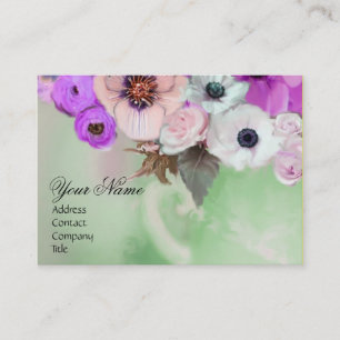 TARJETA DE VISITA ROSA PÚRPURA BLANCA Y FLORES DE ANÉMONA MONOGRAMA