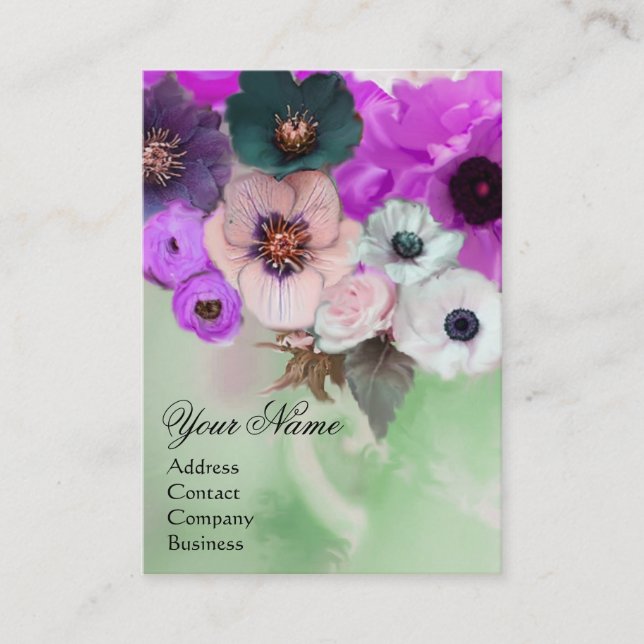TARJETA DE VISITA ROSA PURPURA BLANCA Y FLORES DE ANÉMONA MONOGRAMA (Anverso)