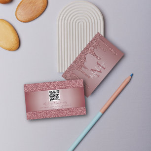 Tarjeta De Visita Rosa Purpurina de goteo de oro Monograma Código QR