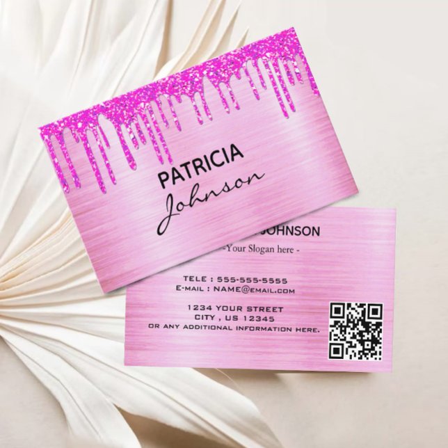 Tarjeta De Visita Rosa Purpurina de oro Belleza QR Código rosa moder (Rose gold Glitter Beauty QR Code Pink modern Business Card)