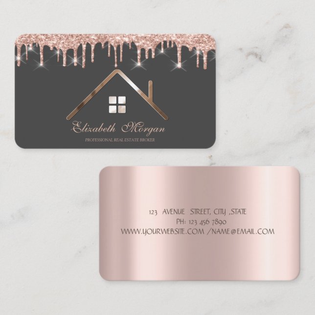 Tarjeta De Visita Rosa Purpurina de oro degrada agente inmobiliario (Anverso / Reverso)