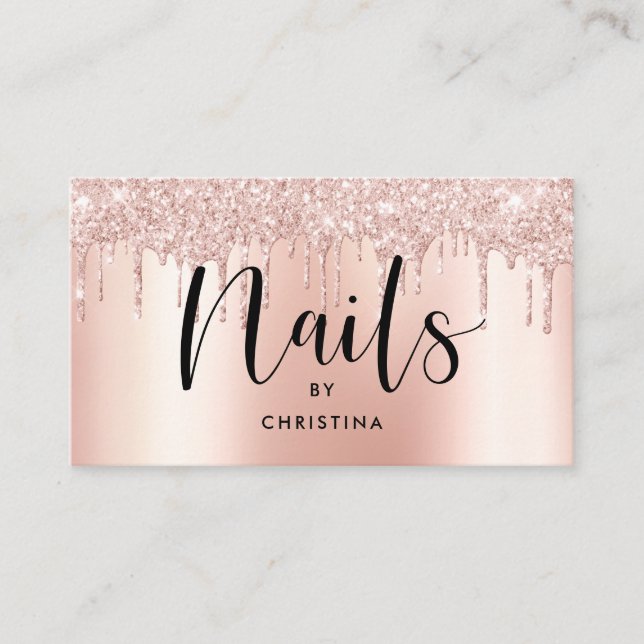 Tarjeta De Visita Rosa purpurina de oro gotea uñas metálicas elegant (Anverso)