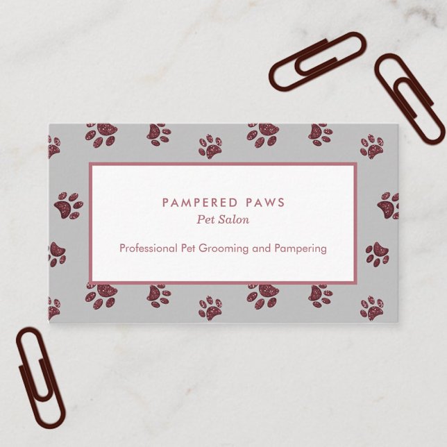Tarjeta De Visita Rosa Purpurina de oro Pinta imprenta Salón Mascota (Rose Gold Glitter Paw Prints Pet Salon Business Card)