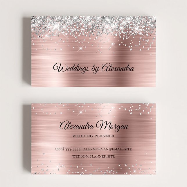 Tarjeta De Visita Rosa Purpurina de oro Satin Ombre Relieve metaliza (Sparkly Silver Glitter Rose Gold Satin Ombre Foil Business Card)